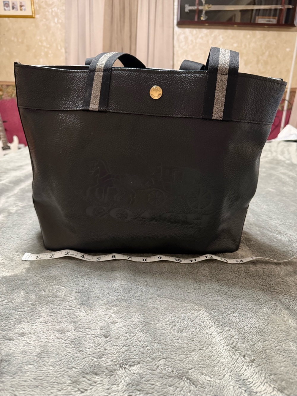 Coach Black Leather Tote with Silver-Accent Striped Handles